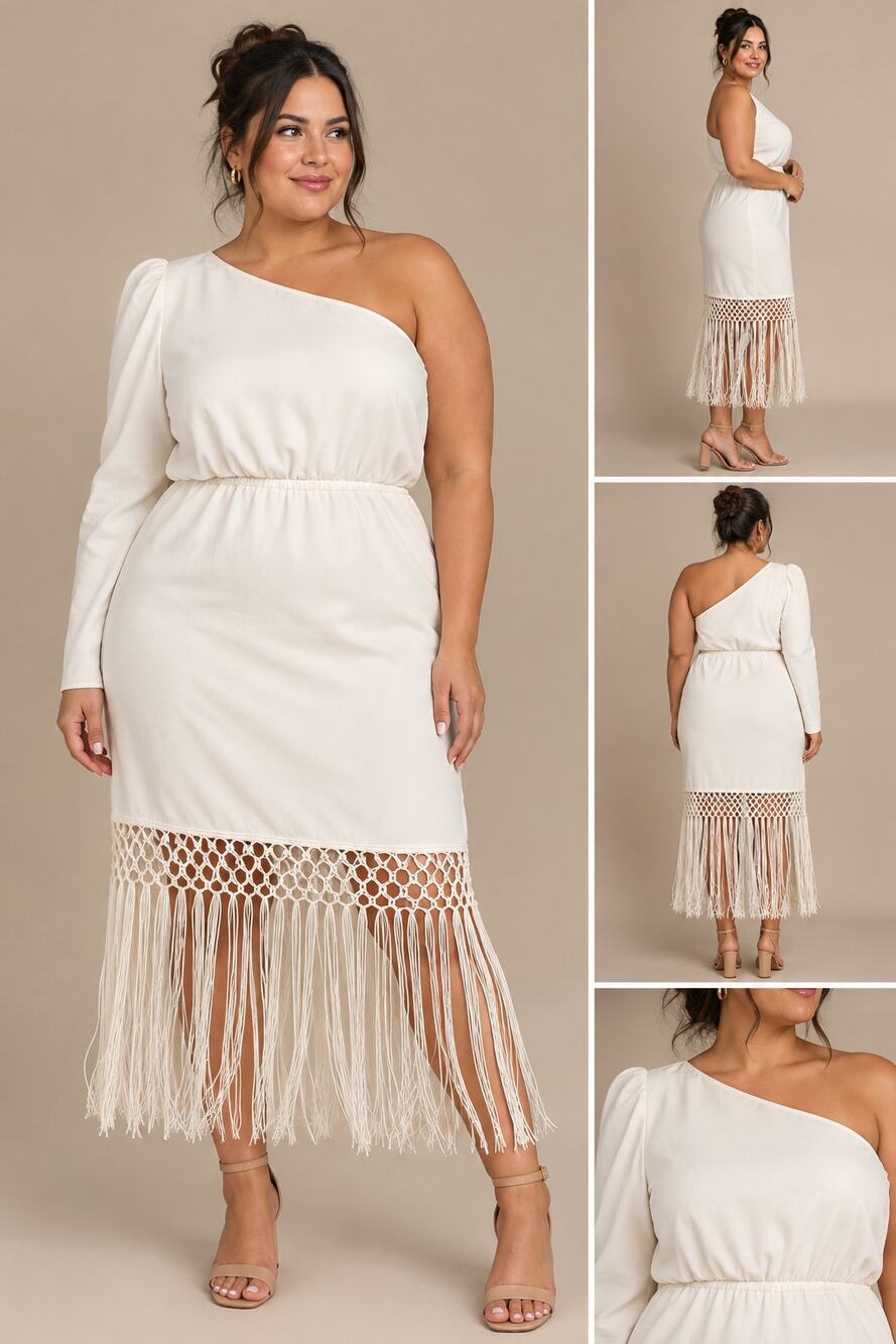 Lulus Love at Dusk Cream One Shoulder Asymmetrical Fringe Midi Bridal Dress XL